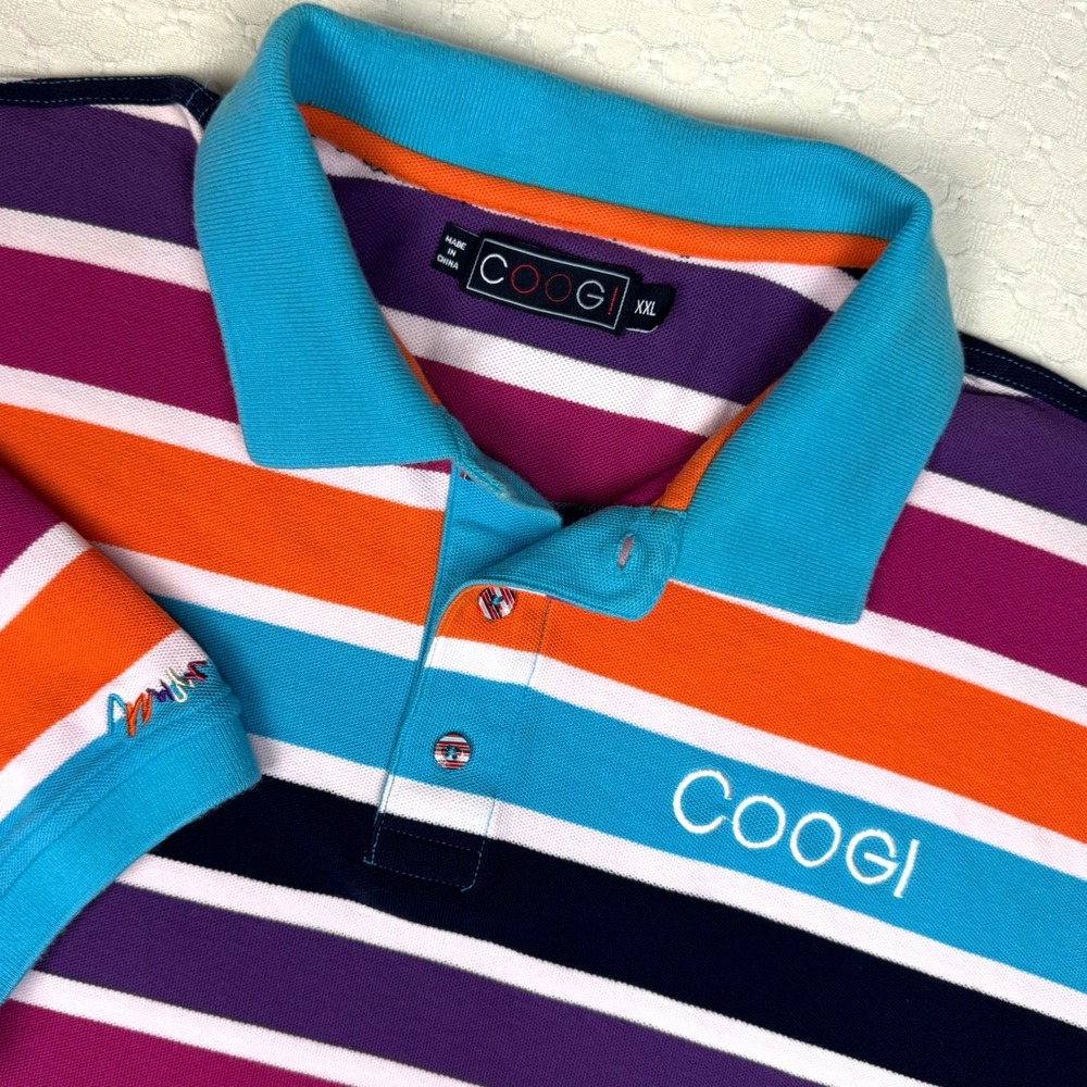 Coogi Polo Shirt Striped Hip Hop Streetwear Mens XXL Multicolor Rainbow Retro